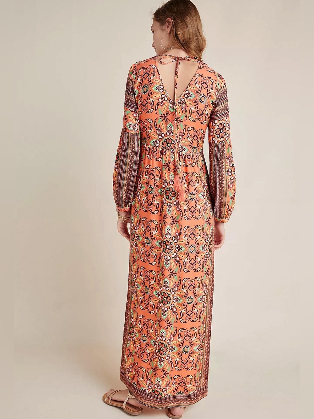 NWT Farm Rio Medallion Maxi Dress XS Orange Boho Puff Sleeve V-Neck - Picture 2 of 5